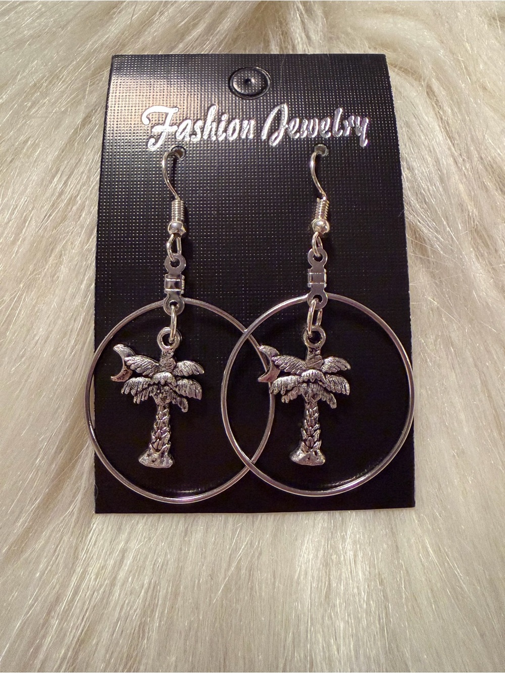 Fashion Jewelry Silver Palm Tree & crescent moon Hoop Dangle Earrings